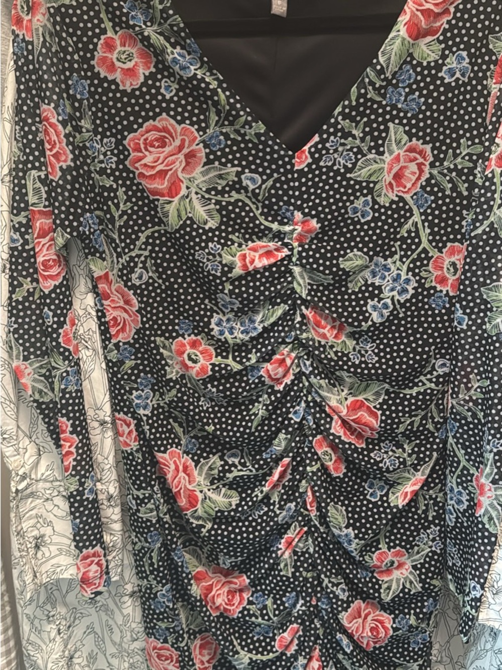 Floral Polka Dot Ruched V-Neck Dress - Black with Red & Blue Flowers